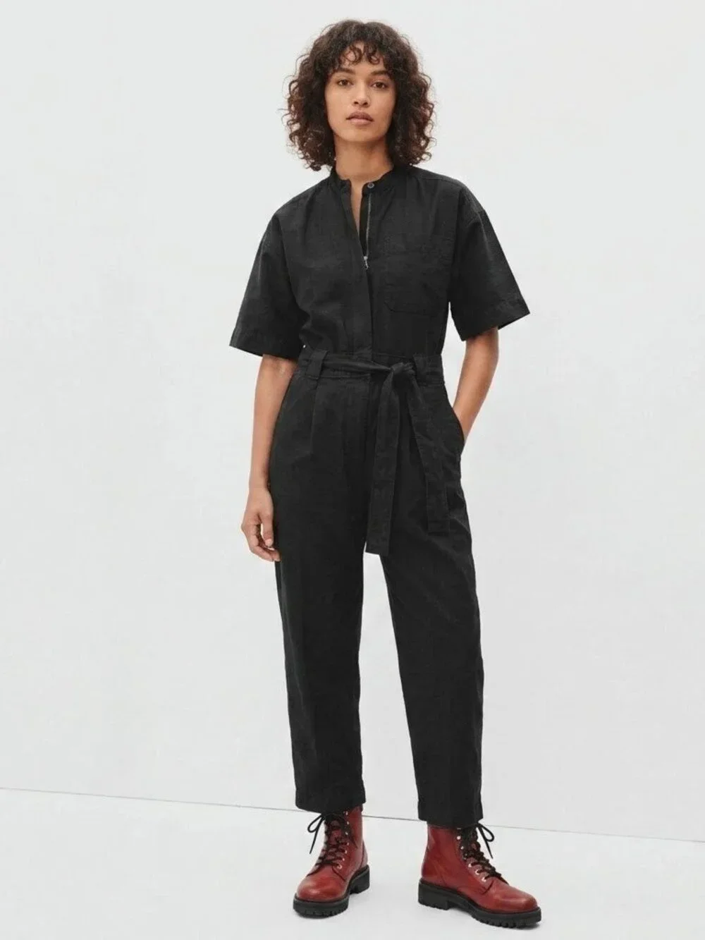 NWT Everlane The Fatigue Short-Sleeve Jumpsuit in Black Belted Cotton Utility 00